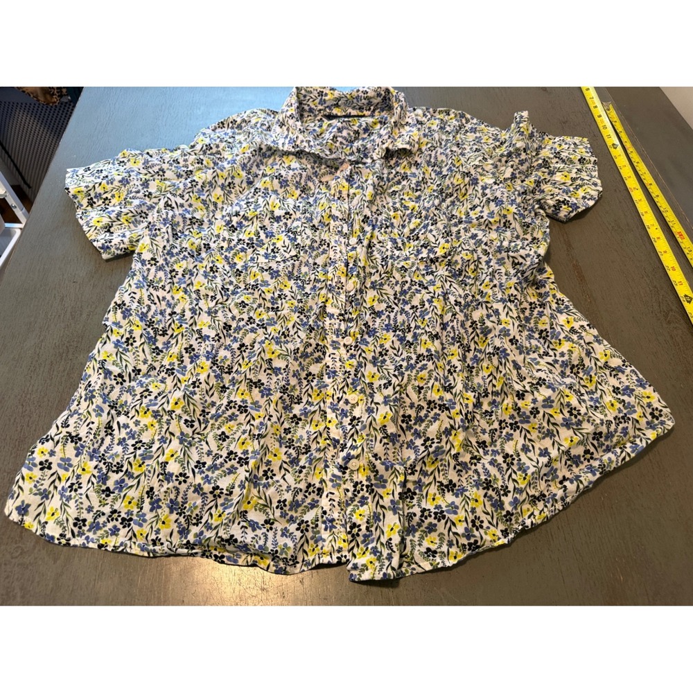 Tommy Hilfiger Womens 1X Floral Button Down Shirt Short Sleeve Cotton Blue